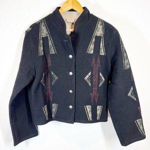Chico's Black Wool Blend Southwestern Pattern Jacket with Rust Accents